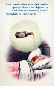 Alkoholism: man sover med öppen mun och drömmer om öl (färglitografi)