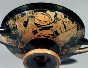 Ajax, uppmanad av Athena, attackerar Hector vars hjälp Artemis rusar till, detalj från utsidan av en attisk rödfigurskopp (The Douris Cup), gjord av Kalliades, ca 490 f.Kr. (keramik) (se även 85701 och 34)