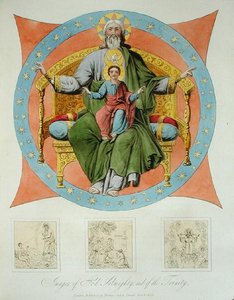 Bilder av Gud den Allsmäktige och Treenigheten från antagandetskatedralen i Moskva, tavla 14 från "The Character of the Russians and a Detailed History of Moscow", publicerad 1823 (akvatint i färg). av Dr. Robert Lyall