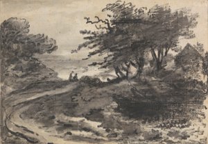 Landskap med träd och två figurer