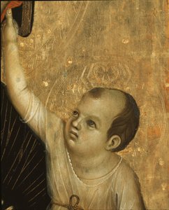 Crevole Madonna: Detail of the Child - tempera och guld på panel av Duccio di Buoninsegna