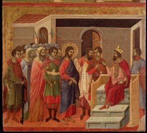 Jesus framför Herodes. Maesta altartavla (tempera och guld på trä av Duccio di Buoninsegna
