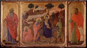 Life of the Christ: Flyg till Egypten med profeterna Jeremia och Hosea. Predella of the Maesta (tempera på trä av Duccio di Buoninsegna