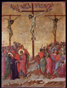 Korsfästelsen. På sidorna, den gode tjuven (Dismas) och den obotfärdiga tjuven (Gestas). Maesta altartavla (tempera och guld på trä av Duccio di Buoninsegna