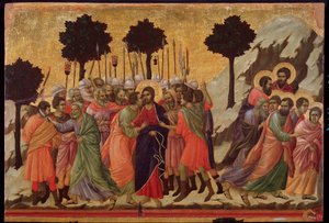 Judas kyss och tillfångatagandet av Jesus. Maesta altartavla (tempera på trä
