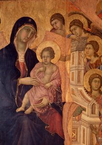 Jungfru och barn på tronen (La Maesta altartavla) (tempera och guld på trä) av Duccio di Buoninsegna