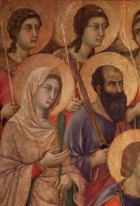 Jungfru och barn på tronen, detalj med helgonet Katarina av Alexandria och helgonet Paulus. (La Maesta) (tempera och guld på trä av Duccio di Buoninsegna