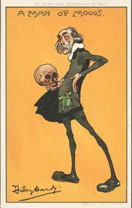 A Man of Moods: Shakespeares karaktär, Hamlet, med Yoricks skalle (färg litho)