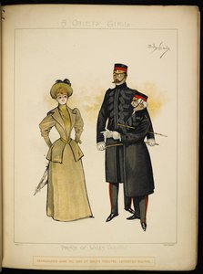En av Gaiety-flickorna och två officerare från Livgardet. av Dudley Hardy