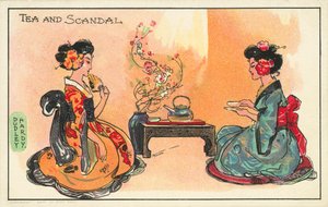 Te och skandal: två japanska kvinnor dricker te (färg litho)