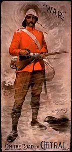 "Krig" på vägen till Chitral (färg litho) av Dudley Hardy