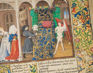 Sida från "La Belle Dame Sans Merci" av Alain Chartier, Paris, tidigt 1400-tal