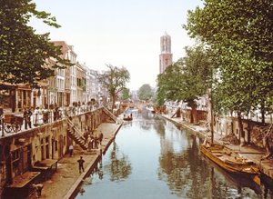 Utsikt nerför Oudegracht i Utrecht, 1890-1900
