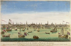 En allmän utsikt över hamnen och staden Amsterdam, gravyr av D.G. Hucquier, 1500-talet av Dutch School
