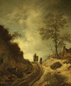 En ryttare och andra figurer på en kuperad väg (olja på panel) av Dutch School