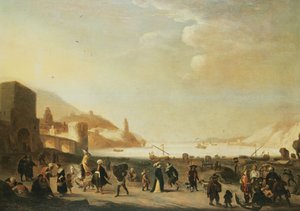 En hamn med gatuförsäljare och bönder i förgrunden (panel) av Dutch School