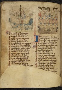 Lägg till. 11575, f.65v Jonah and the Whale, från Spiegel van der Menschen Behoudenisse (översättning av Människofrälsningens spegel) (vellum) av Dutch School