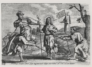 Karikatyr av Luther, Calvin och Menno Simons som ifrågasätter Kristus och hans lära av Dutch School