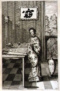 Kinesisk kvinna med näktergal, ur "China Illustrated" av Athanasius Kircher (1601-80) 1667 (gravyr) av Dutch School