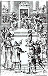 Bekännelse för rättelse inför domstolen, efter ett träsnitt i Praxis Rerum Criminalium av Joos de Damhouder (1507-81) publicerat Antwerpen, 1556 av Dutch School