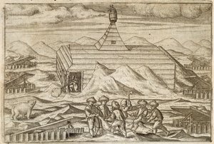 Besättning som dödar och flåar björnar, utanför stugan där expeditionen övervintrade, illustration från 