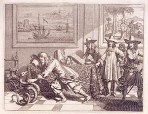 Hanterar en kobra som har invaderat de holländska officersrummen, 1672 av Dutch School