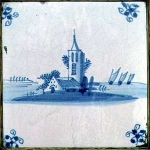 Kakel från Delft som visar en kyrka med tre pråmsegel. av Dutch School