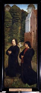 ""Två givare, medlemmar av ett skrå av skomakare"" Målning på trä från 1400-talets holländska skola (mästare i Saint Crispin) Pushkin-museet från början av 1500-talet, Moskva av Dutch School