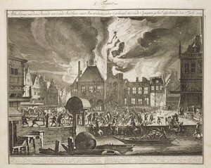 Brand i det gamla stadshuset i Amsterdam, 17 juli 1652, från en bok om brandbekämpning i Holland, publicerad ca 1700 av Dutch School