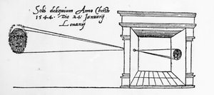 Första publicerade illustration av en camera obscura som observerade en solförmörkelse i januari 1544 av Dutch School