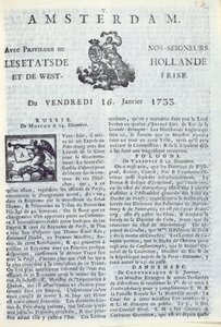 Framsidan av La Gazette dAmsterdam, 16 januari 1733 (tryckt papper) av Dutch School