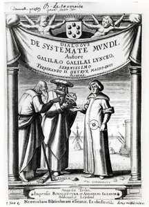 Frontispice av Dialogus De Systemate Mundi av Galileo (1564-1642), publicerad i Leyden 1635 av Dutch School