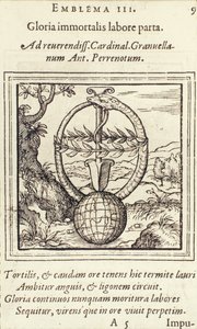 Det odödliga arbetets ära vann, illustration från Emblemata av Adrianus Junius, utgiven av Christophe Plantin, Anvers, 1565 av Dutch School
