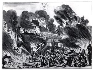 Den stora elden i Yedo (Tokyo) på 1600-talet, illustration från Arnold Montanus berättelse om ambassader skickade av Holländska Ostindiska kompaniet till kejsaren av Japan, publicerad i Amsterdam 1680 av Dutch School