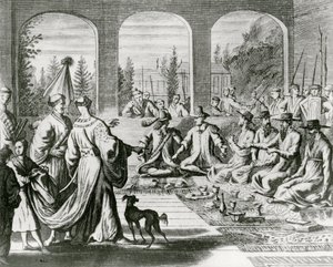 Jesuiter med holländska och portugisiska köpmän vid det japanska hovet, ca 1670 (gravyr) av Dutch School