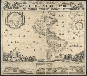 Karta över Amerika, Nova totius Americae Table, [med utsikt över] Panama, Caput S. Augustini, New Amsterdam, S. Frälsare, Namn D. Gud. Tecknad av J. Mathysz av Dutch School
