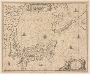 Karta över Japan, en ny och exakt beskrivning av Japan, landet Eson och de närliggande öarna från Snowy Discovery av Dutch School