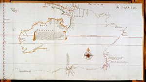 Karta över New Holland, nu Australien, och över Nya Zeeland, hämtad från information som samlats in under resor som genomförts av Abel Janszoon Tasman