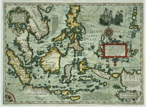 Karta över Ostindien, pub. 1635 i Amsterdam (handfärgad gravyr)
