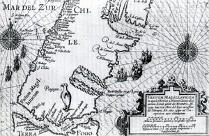 Karta över Magellansundet, skylt från Oliver van Noorts beskrivning av hans resa, 1602
