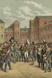 Napoleons farväl till det kejserliga gardet på White Horse Courtyard i Palace of Fontainebleau, 1814 av Dutch School