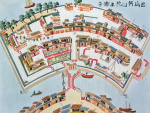 Plan över den holländska fabriken på ön Desima i Nangasaki, från Illustrations of Japan av Isaac Titsingh (ca 1740-1812), publicerad London, 1822 av Dutch School