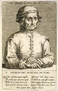Porträtt av Hieronymus Bosch (ca 1450-1516) skylt 3 i en serie porträtt av konstnärer, graverad av Theodor Galle (1571-1633) av Dutch School