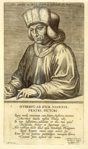 Porträtt av Hubert van Eyck (1366-1426) skylt 1 från en serie porträtt av konstnärer, graverad av Theodor Galle (1571-1633) av Dutch School