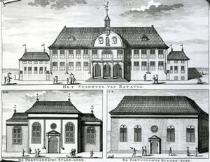 Portugisiska kyrkan och rådhuset i Batavia, 1800-talet, av Dutch School