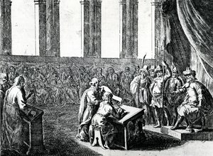 Ptolemaios Philadelphus, kung av Egypten, kallar 72 män från Judeen för att översätta judisk lag till grekiska, ca 1700