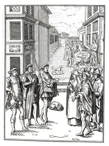 Försäljning av Town Crier, efter ett träsnitt i Praxis Rerum Civilium av Joos de Damhouder (1507-81) publicerad Antwerpen, 1557 av Dutch School