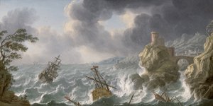 Skeppsbrott i en storm utanför en stenig kust