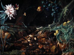 Streama i en galleria med blommor och reptiler (olja på duk) av Dutch School