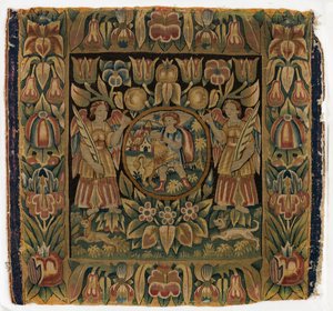 Gobeläng, Samson och Lejonet i rundell upphängd av två änglar, tillverkad i Amsterdam, Holland eller Hamburg, Tyskland, tidigt 1600-tal (ull) av Dutch School